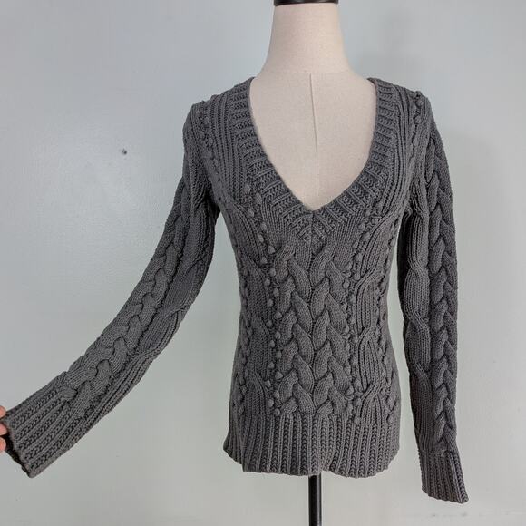 Y2K Banana Republic Cable Knit Sweater XS Gray Vneck Elena Bella Academia Chunky - Picture 4 of 10
